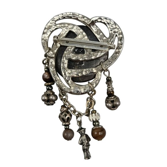 Dangling Charm Brooch Abalone Etched Circle Silver Tone Top 925 Charms - Picture 5 of 6